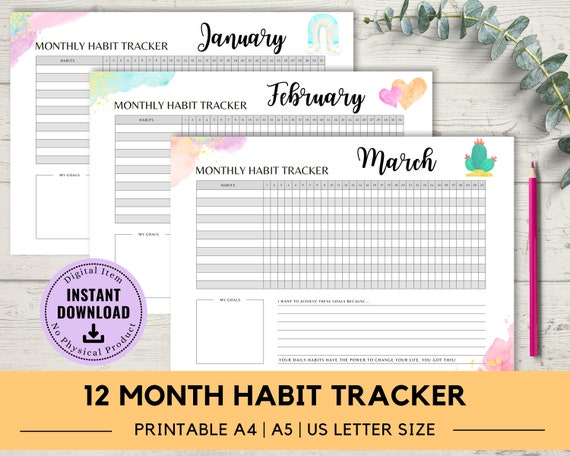 Habit Tracker Printable Bullet Journal Watercolor | Etsy