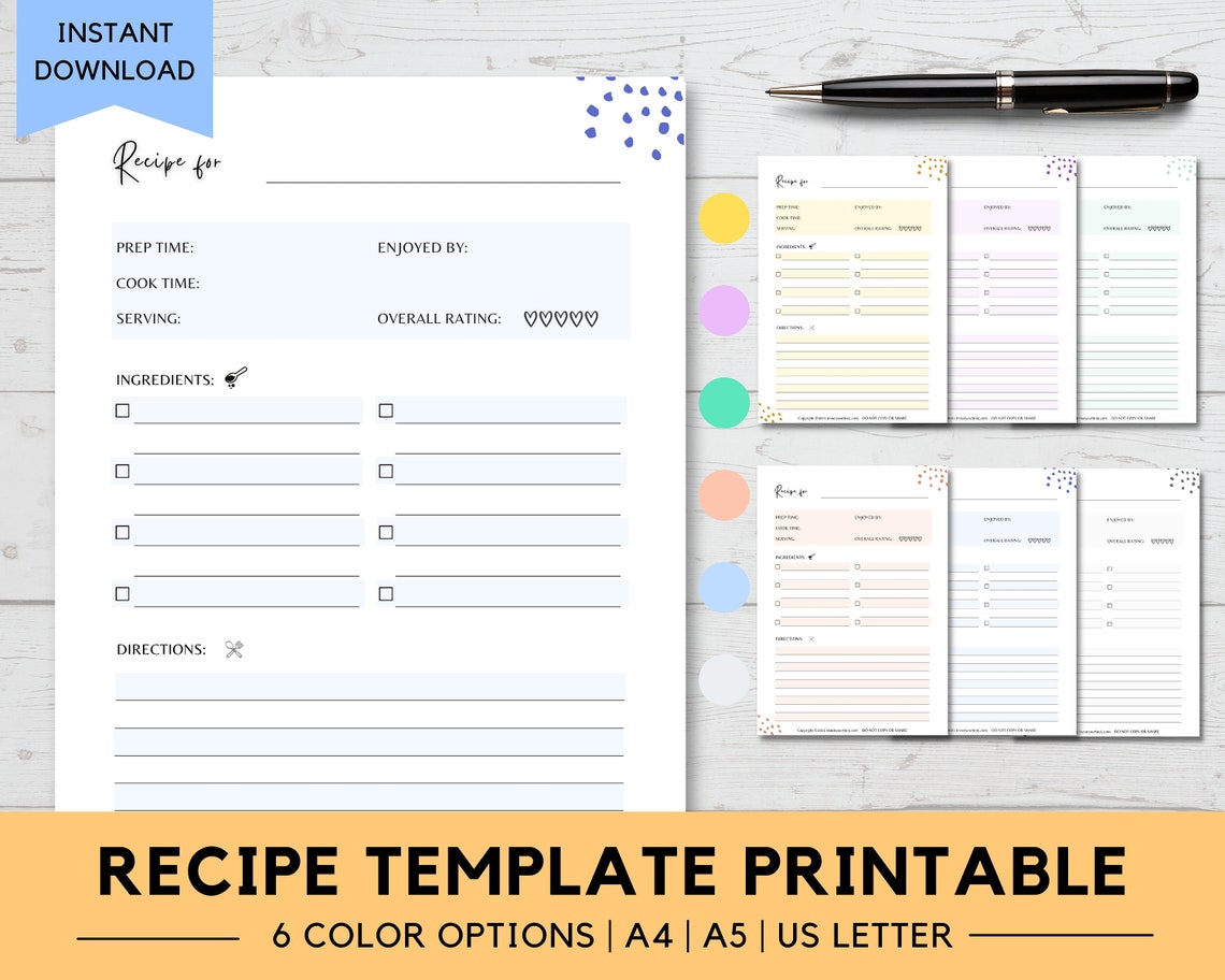 Recipe Template Printable Recipe Card A4, A5, US Letter PDF Recipe Page ...