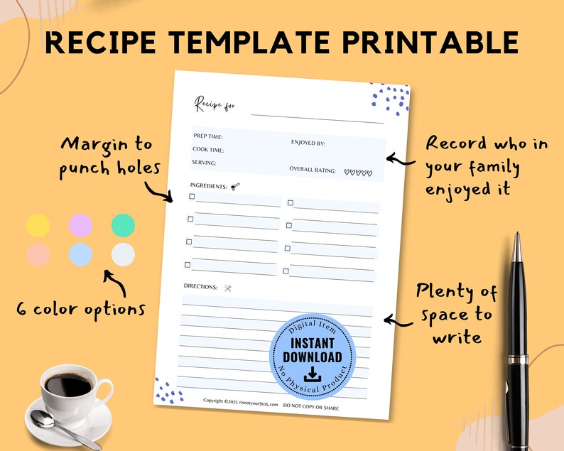 Recipe Template Printable Recipe Card A4, A5, US Letter PDF Recipe Page ...
