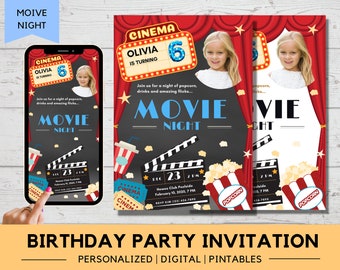 Movie Night Birthday Party Invitation with Personalized Photo | Backyard Movie Night Party Invite | Digital Template & Printable Invitation