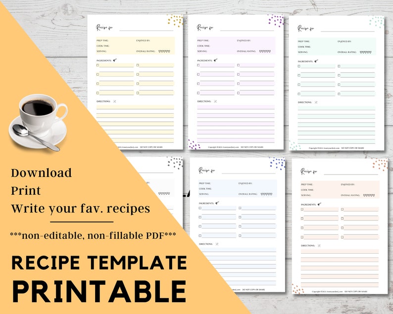 Recipe Template Printable Recipe Card A4, A5, US Letter PDF Recipe Page ...