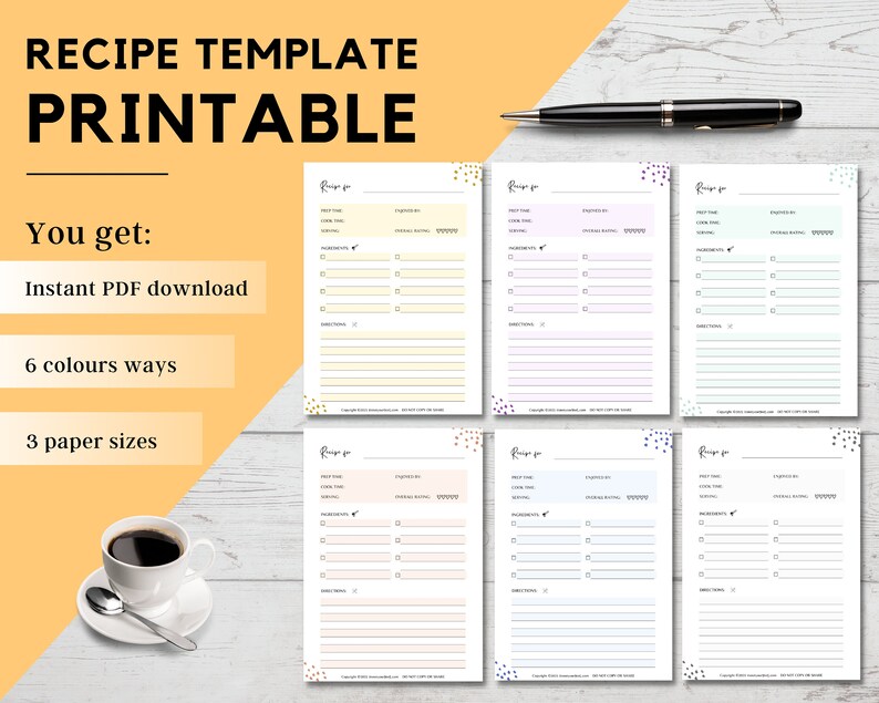 Recipe Template Printable Recipe Card A4, A5, US Letter PDF Recipe Page ...