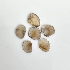 Pode incluir: Seis pedras preciosas polidas, de formato irregular, em tons de castanho e bege, dispostas sobre uma superfície branca. As pedras têm uma qualidade translúcida, com inclusões visíveis e variações de cor.
