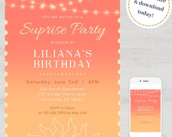 Sunset themed birthday invitation, Digital Bday orange peach invite, downloadable personalized surprise birthday party mobile invite