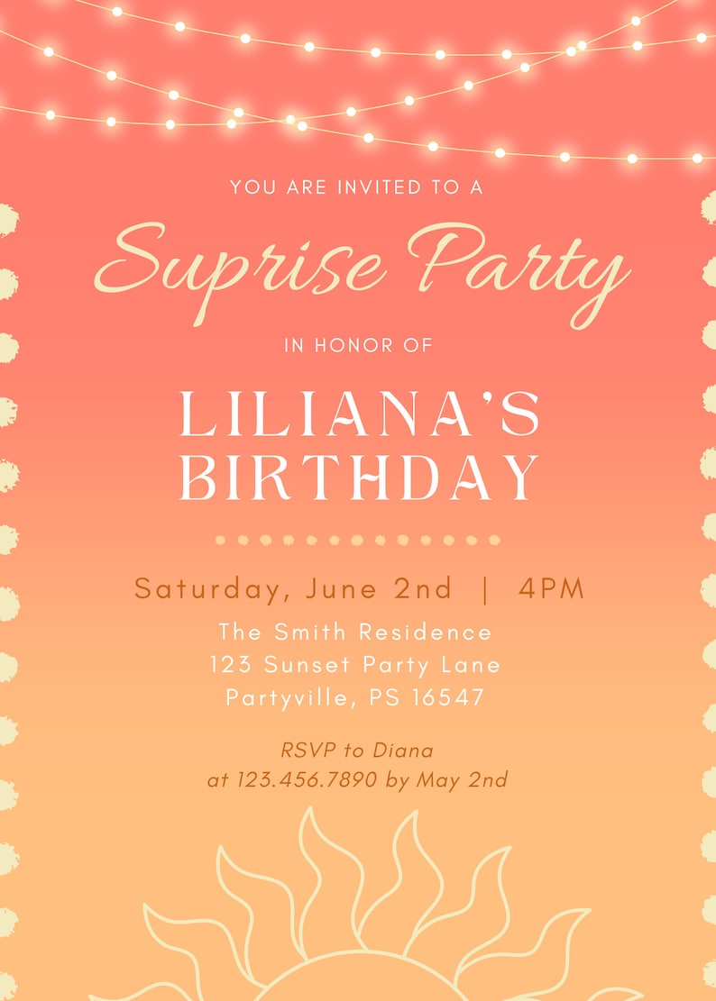 Sunset Themed Birthday Invitation, Digital Bday Orange Peach Invite