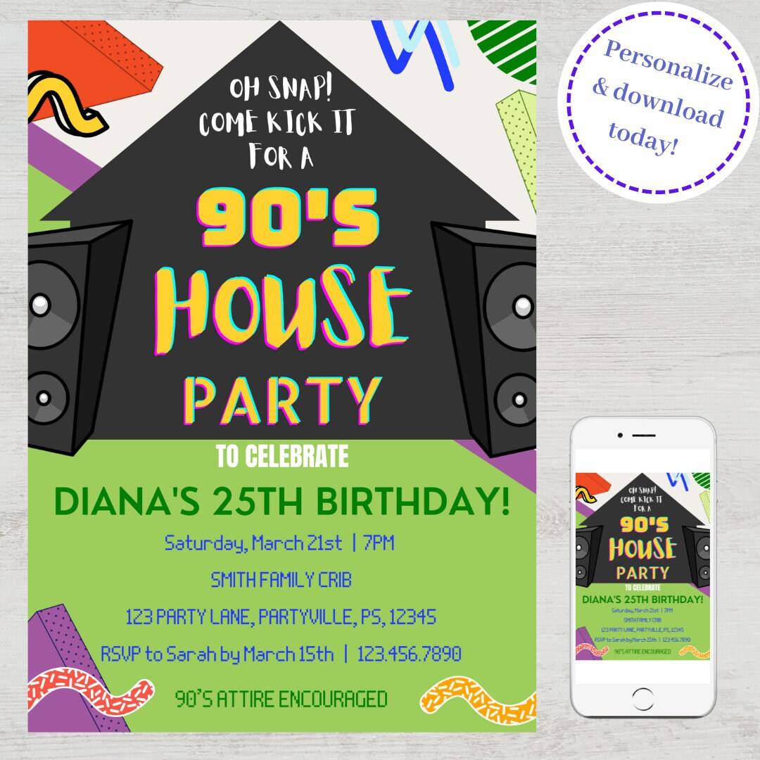 90s Birthday Party Invitation Throwback Bday Party Invite Vibrant 90s Digital Invitation Template 90s House Party