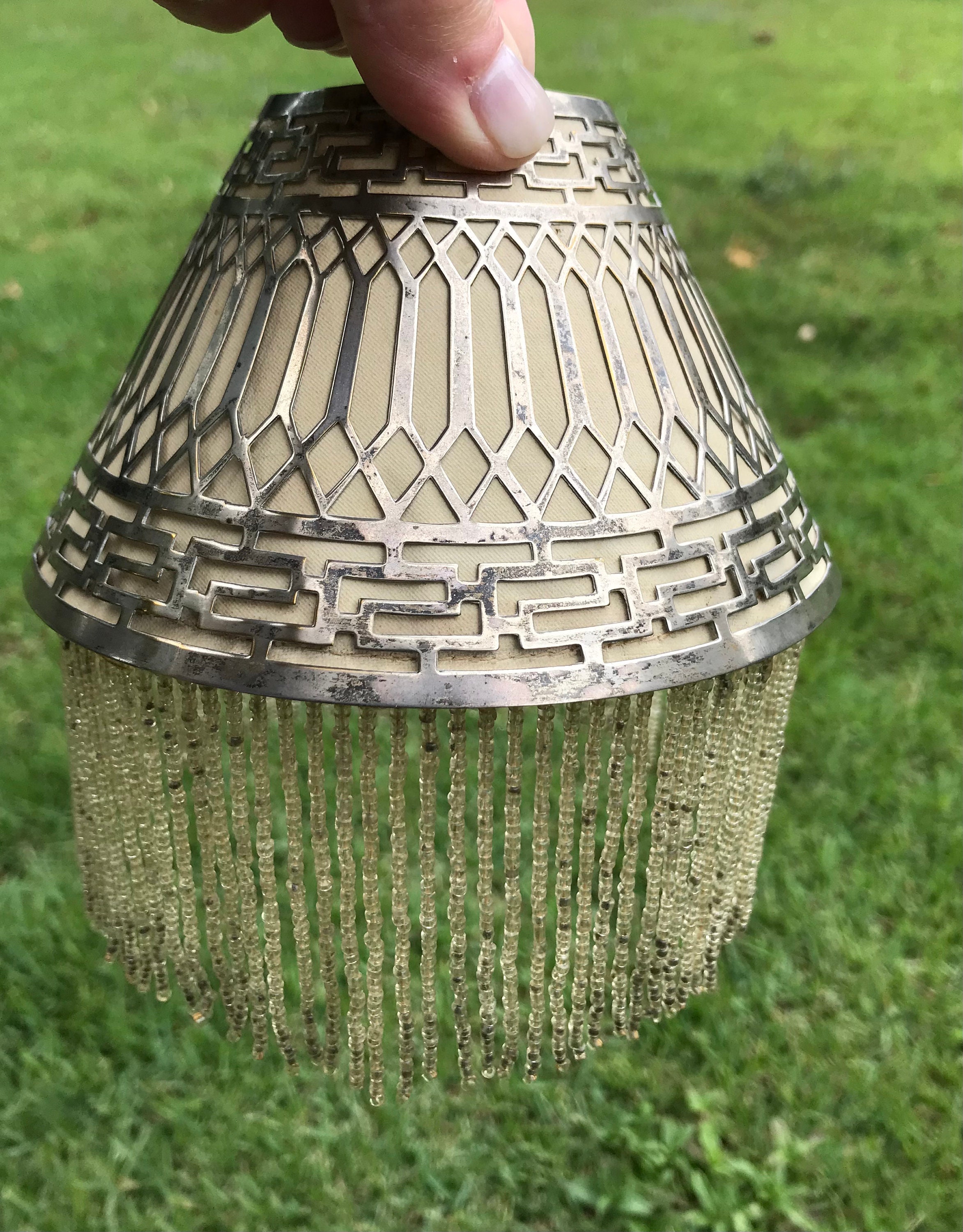Antique quartz beaded candle lamp shade filigree brass/silver Etsy