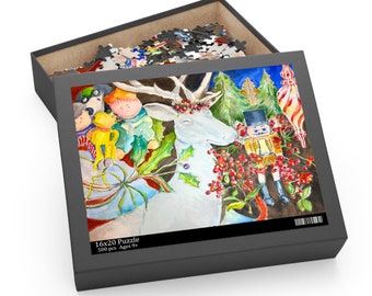 May include: A 500 piece jigsaw puzzle featuring a white deer with a red berry wreath, a nutcracker, and other Christmas characters. The puzzle box is black with a white label that says "16x20 Puzzle 500 pcs Ages 9+"