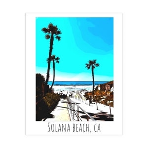 May include: A digital illustration of a beach scene with palm trees, a sandy beach, and a blue sky. The text "SOLANA BEACH, CA" is at the bottom of the image.