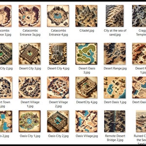 Peut inclure: Une collection de 36 cartes dessinées à la main représentant divers paysages désertiques, notamment des canyons, des villes, des ruines, des oasis et des ponts. Les cartes sont dessinées dans un style vintage avec des tons bruns et beiges.