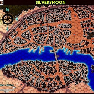 May include: A detailed map of Silverymoon, featuring a city layout with buildings, a river, and surrounding terrain. The map includes a compass rose, a scale of 1 inch = 50 feet, and a list of locations. The color palette is primarily brown, blue, and tan.
