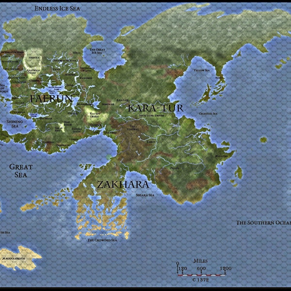 Toril Faerun + Maztica + Kara-Tur + Baldur's Gate + Neverwinter World Map - PNG format w/ numbered Hexes - Dungeons Dragons - Download