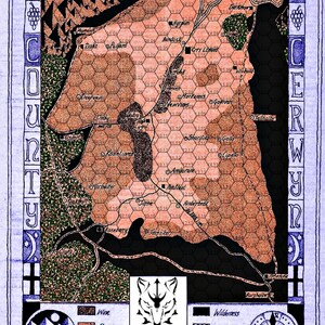 May include: A detailed map of Cerwyn County, featuring a hexagonal grid, labeled locations, and symbols for terrain types like wine, pasture, and forest. The map includes the text "CERWYN" and "SHIELDWULF".