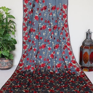 Georgius Parsi Gara embroidered crepe silk saree, Parsian Rose jaal all over the saree, Ready to wear blouse, Fall & Pico included