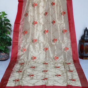 Beautiful Red Bordered Tissue Kota saree, Embroidery body work with matching blouse piece. Fall & Pico included