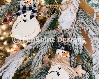 Primitive hand-painted snowmen ornament sets