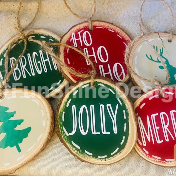 6 pc set wood slice Christmas ornaments