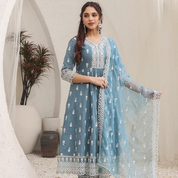 Women ethnic Printed Cotton Anarkali kurta with embroidery and mirror work on yoke , pants with embroidery lace and embroidered net dupatta