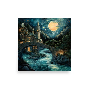 May include: A painting of a stone castle with a bridge over a river, under a full moon and a starry sky.