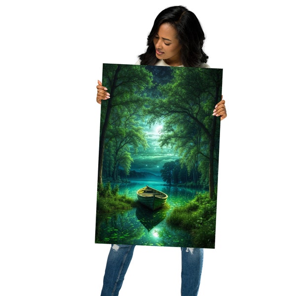 art sur toile bateau abandonné lac de montagne reflets et nature hommage à la forêt forêt de rêve magie et enchantement ciel étoiles poésie