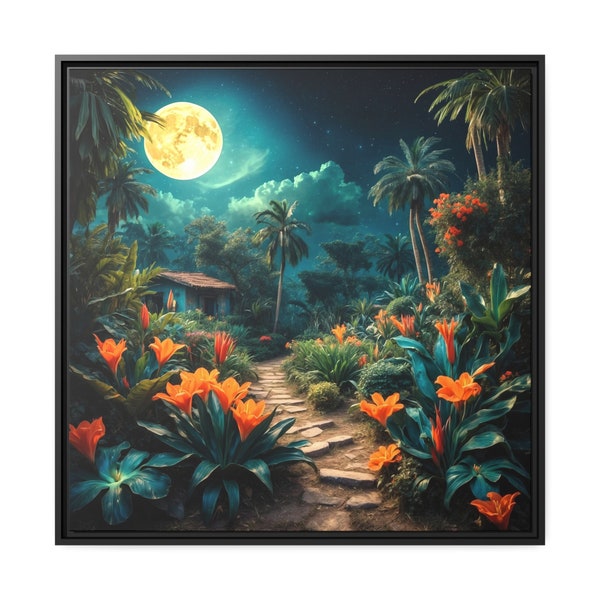 Matte Canvas, Black Frame imaginary village in the middle of the forest, among beautiful flowers and splendid palm trees, creation intelligence ai.