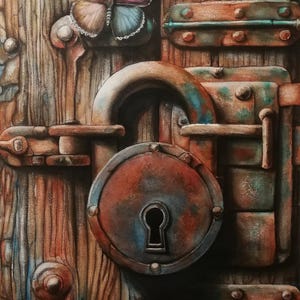 Custode del Tempo Dipinto Acquerello con Farfalla e Serratura Arrugginita  Keeper of Time Watercolor Painting with Butterfly and Rusted Lock