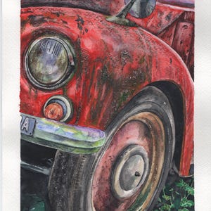 Dipinto Acquerello Tecnica Mista Carta A4 Vecchia Auto Rossa Vintage RuggineArte Rustica Carta d’Acquerello Decorazione Parete Stile Vintage