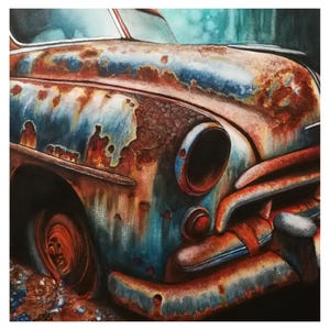 Cuore di Ruggine - Acquerello Realistico di Auto Vintage in Stile Ruggine e Metallo, Arte Industriale su Carta 28x28 cm 100% cotone