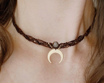Boho macrame choker «Lumina»- moon - brass - gemstone - jewelry - gift - present - hippie - oriental - festival - summer - astrological