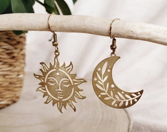 Hippie earrings «Cananah» with sun and moon pendant • brass • boho • statement • jewelry • golden • gift • festival • summer