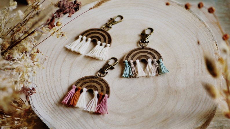 rainbow keychain made from wood handmade present gift boho bag backpack accessoire accessory decor image 2