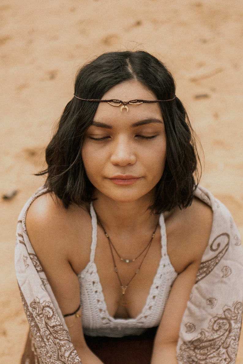 Boho Tiara Lumina with moon pendant brass adjustable necklace boho headdress hippie gypsy Indian summer festival image 4