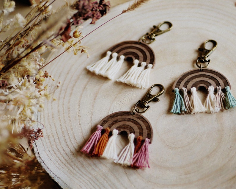 rainbow keychain made from wood handmade present gift boho bag backpack accessoire accessory decor image 1
