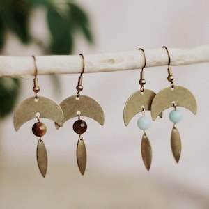 Boho earrings «Pachamama» with drop and half moon • Gemstone • Brass • Statement • Jewelry • Gift • Tribal • Festival • Summer