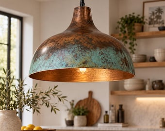 Green Patina Copper Pendant Light, Moroccan Lighting, Pendant Lights for Kitchen Island, Handmade Hammered Ceiling Light