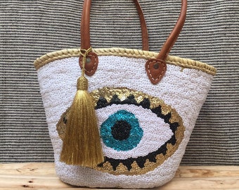 Nazar bolso de cesta de paja lentejuelas asas de cuero / bolso de cesta marroquí tejido / bolso de playa / bolso de compras / bolso de verano totalmente hecho a mano