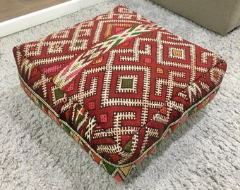 Moroccan Floor Cushion Kilim 24x24 | Vintage Berber Pouf  | Handmade Moroccan Pouf | Morrocan Rug Floor Pillow Cover