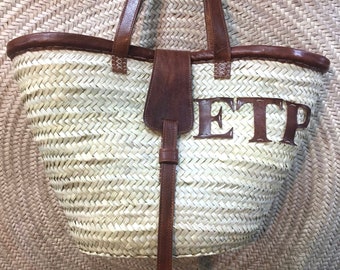 Personalized Straw Basket Initials With Leather Handles and Outline | Custom Woven Moroccan Basket Bag Coffa
