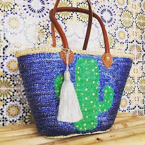 Woven Straw Basket Bag Majorelle Blue Sequins Leather Handles | Moroccan Straw Bag sewn Sequins Cactus Motif | Beach Bag | Sparkle Tote Bag