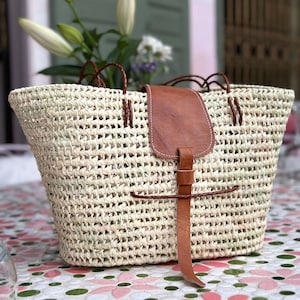 Woven Straw Bag leather handles | Moroccan Basket Bag | Beach Bag | Market Basket | Handmade Moroccan Basket | Unique Tote Bag