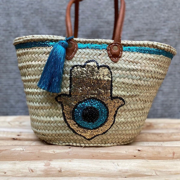 Bohemian Straw Basket Bag Sequins Entirely Handmade | French Market Basket Bag | Summer Beach Tote Straw Bag | Shopping Basket Bag