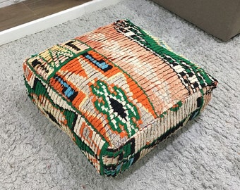 Kilim Floor Cushion Cover 24x24” | Moroccan Berber Pouf Upcycled From Hand Knotted Wool Rug | Bohemian Floor Seating Pillow
