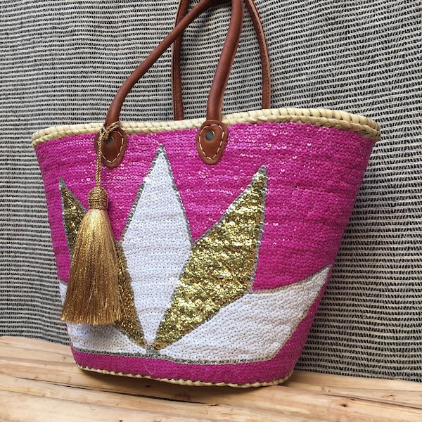 Straw Bag Sequins | Woven Moroccan Basket Bag Leather Handles | Beach Bag | Shopping Bag | Unique Tote Bag