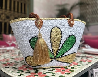 Straw Bag Sequins | Handwoven Moroccan Basket Bag With Leather Handles