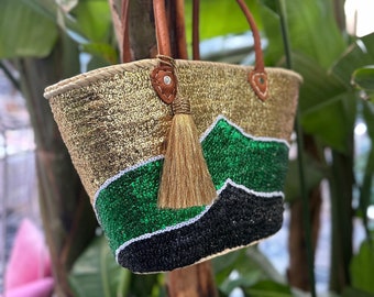 Woven Straw Basket Bag sewn Sequins and Leather Handles | French Market Bag | Beach Tote Bag | Moroccan Basket Bag