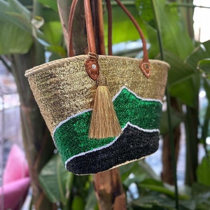 Woven Straw Basket Bag sewn Sequins and Leather Handles | French Market Bag | Beach Tote Bag | Moroccan Basket Bag