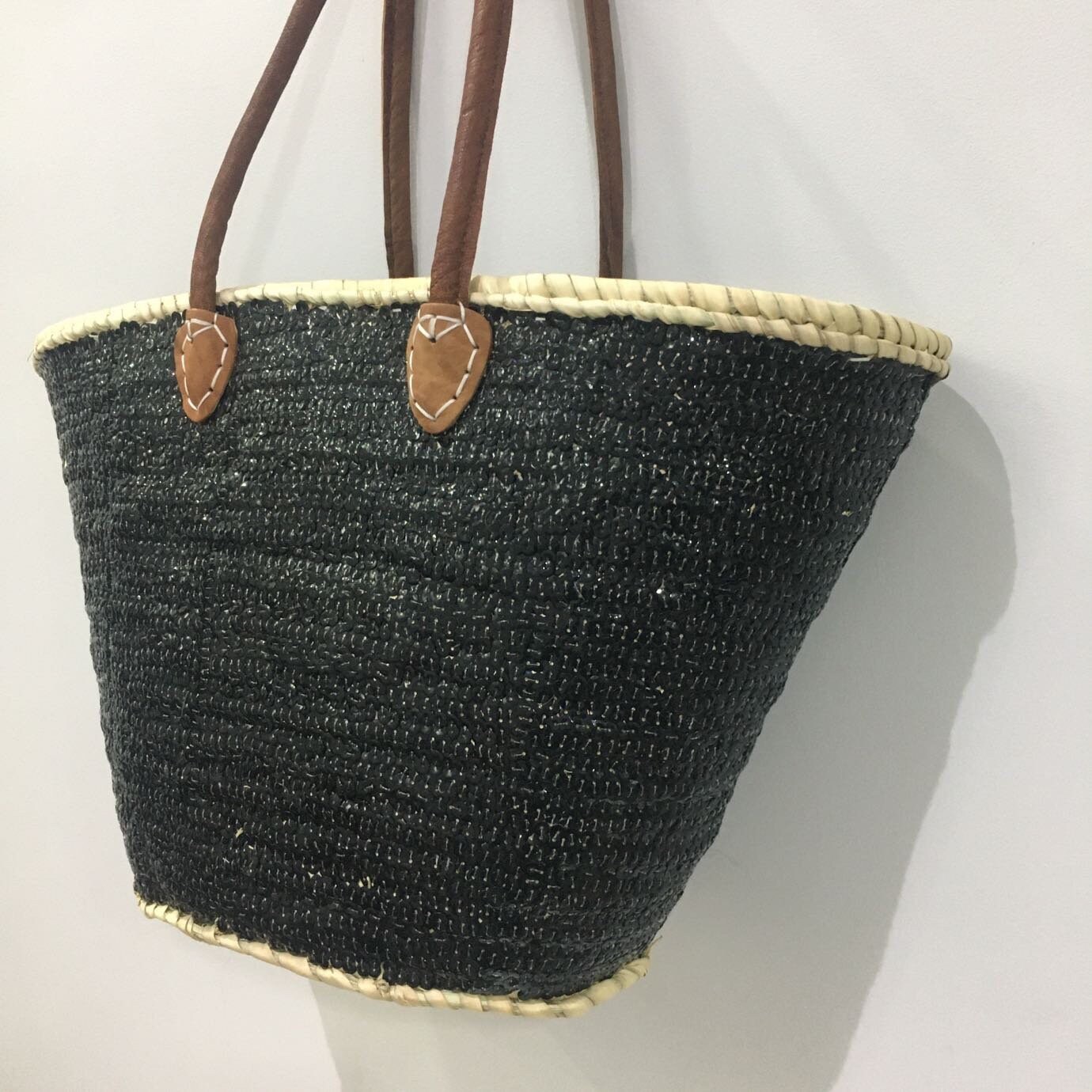 Straw Basket Bag Black Sequins Leather Handles | Moroccan Straw Basket ...