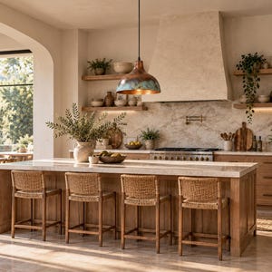 May include: A kitchen island with a light stone countertop and wooden base, accompanied by four woven bar stools. Above the island hangs a large, dome-shaped pendant light with a weathered copper and teal patina finish, illuminating the space.