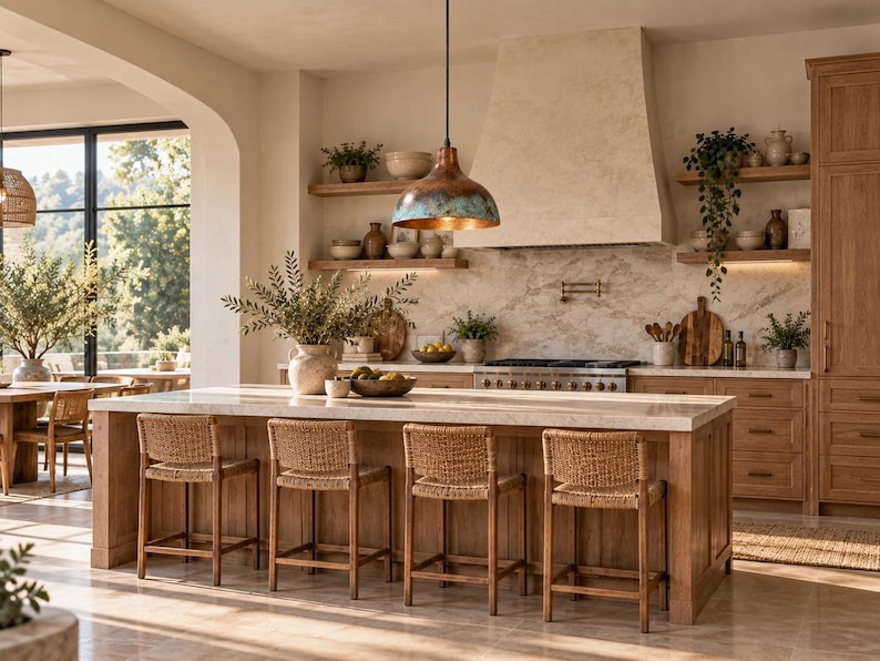 May include: A kitchen island with a light stone countertop and wooden base, accompanied by four woven bar stools. Above the island hangs a large, dome-shaped pendant light with a weathered copper and teal patina finish, illuminating the space.