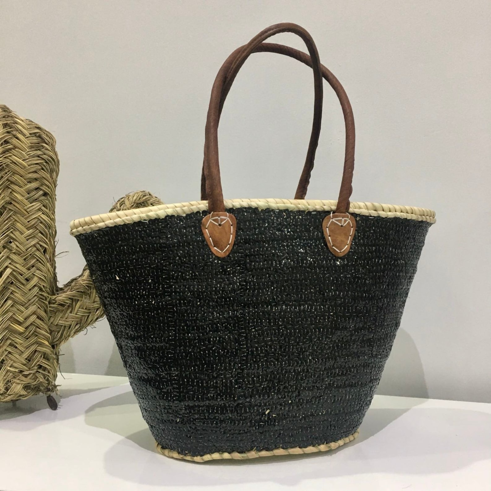 Straw Basket Bag Black Sequins Leather Handles | Moroccan Straw Basket ...